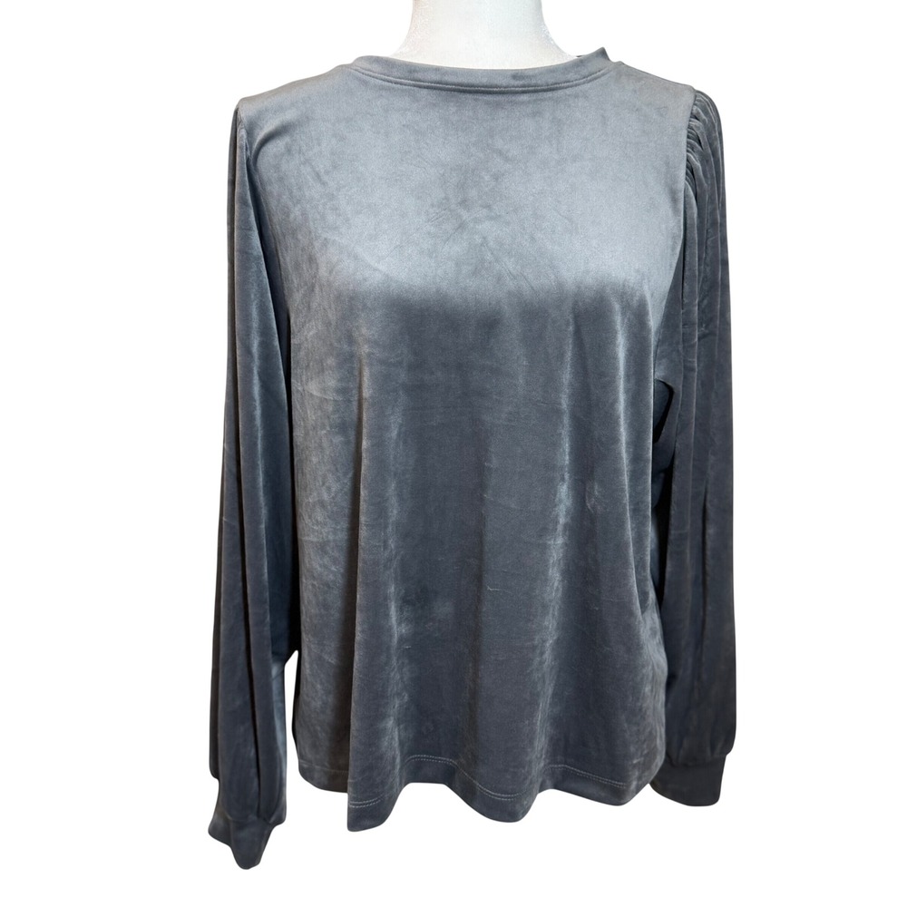 LOFT Gray Velvet Velour Puff Sleeve Top L Romantic Minimalist Soft Luxe